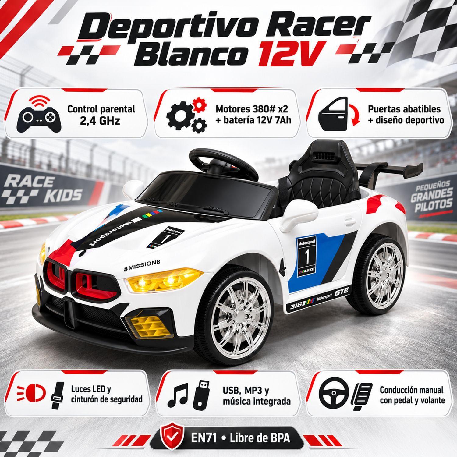 Auto Eléctrico Infantil Kidscool Deportivo Racer Blanco 12V Con Control Remoto-6