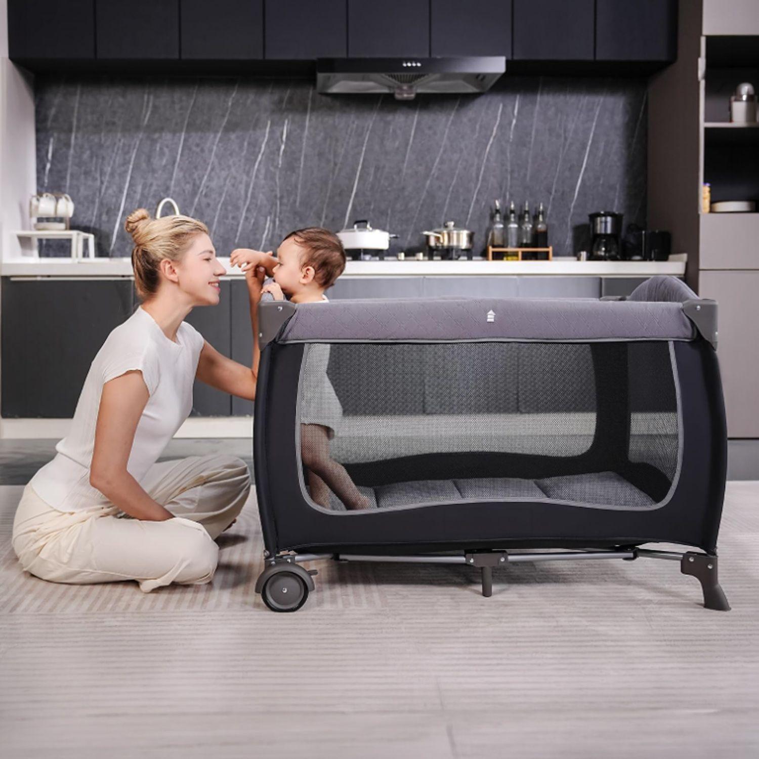 Cuna Pack and Play Plegable Kidscool Diseño Completo Con Mudador Gris-1
