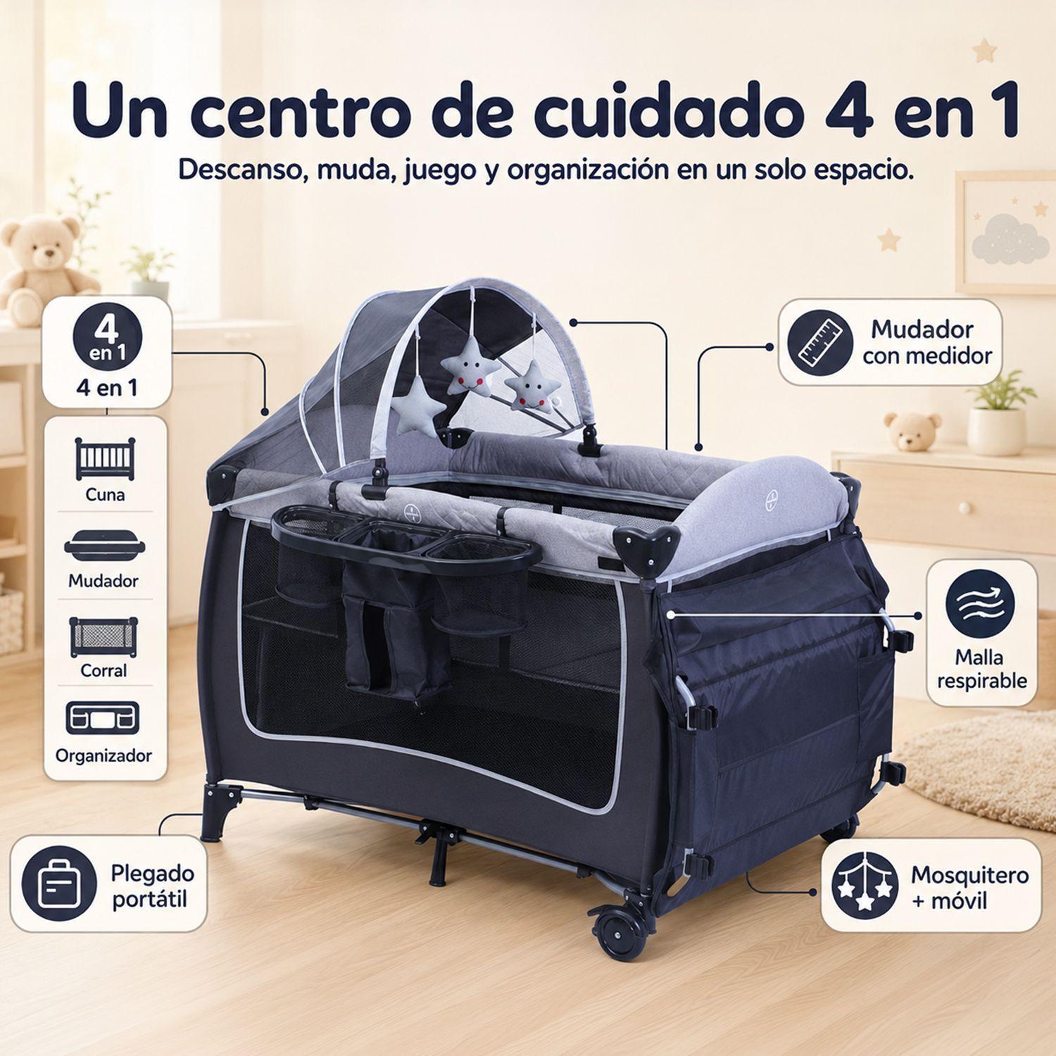 Cuna Pack and Play Plegable Kidscool Diseño Completo Con Mudador Gris-5