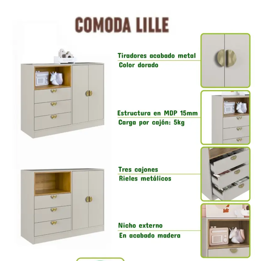 Cómoda Cariño 2 Puertas Y 3 Cajones Arena -5