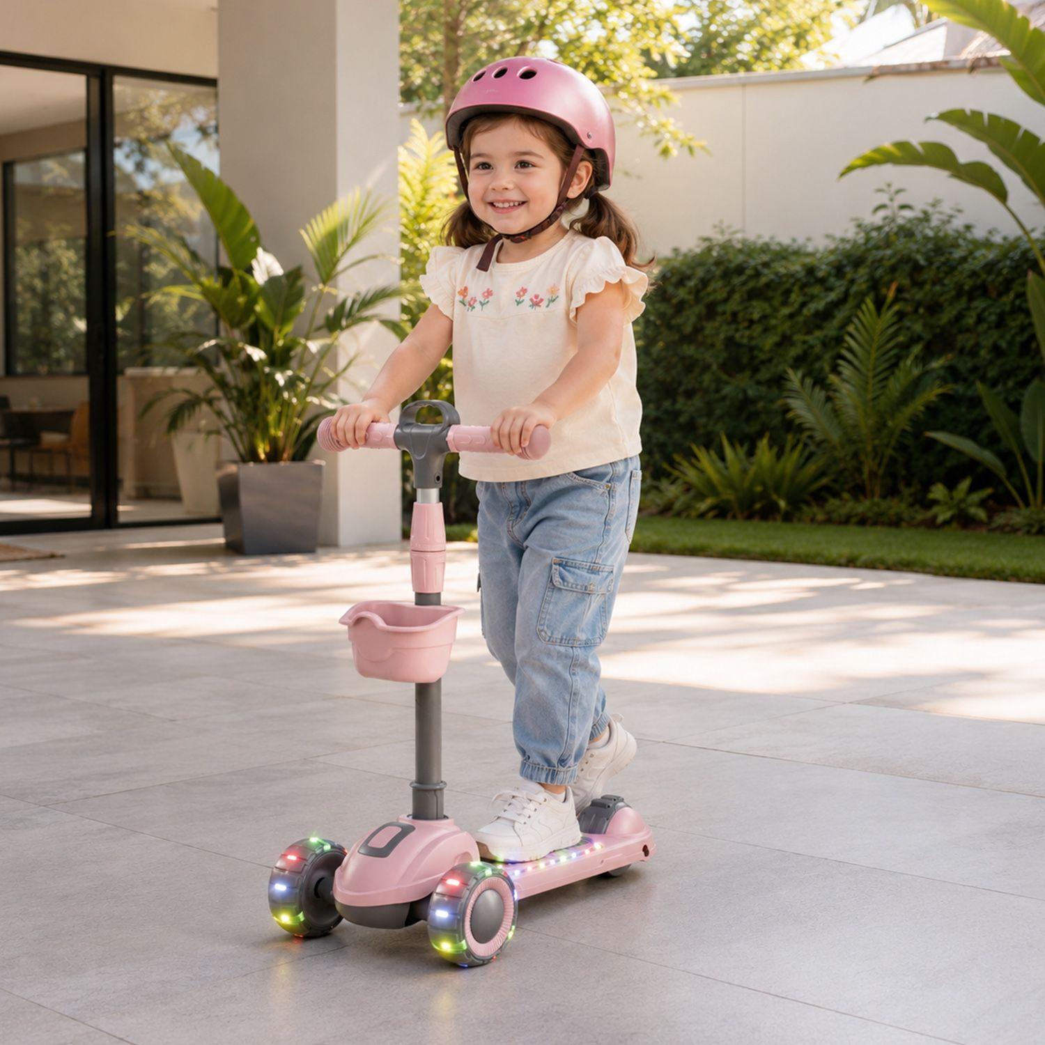 Scooter Infantil Plegable 3 Ruedas Con Luces y Música Rosado-2
