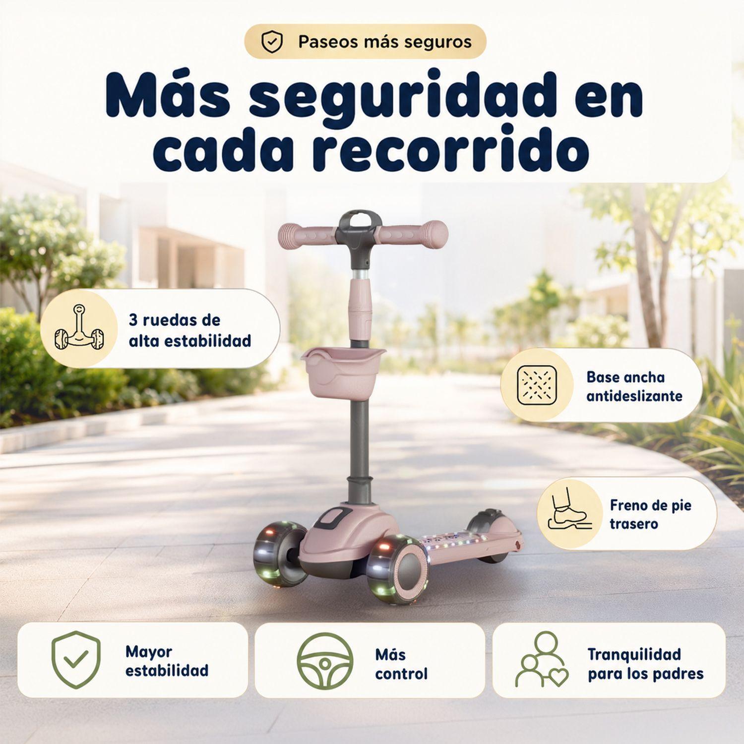 Scooter Infantil Plegable 3 Ruedas Con Luces y Música Rosado-4