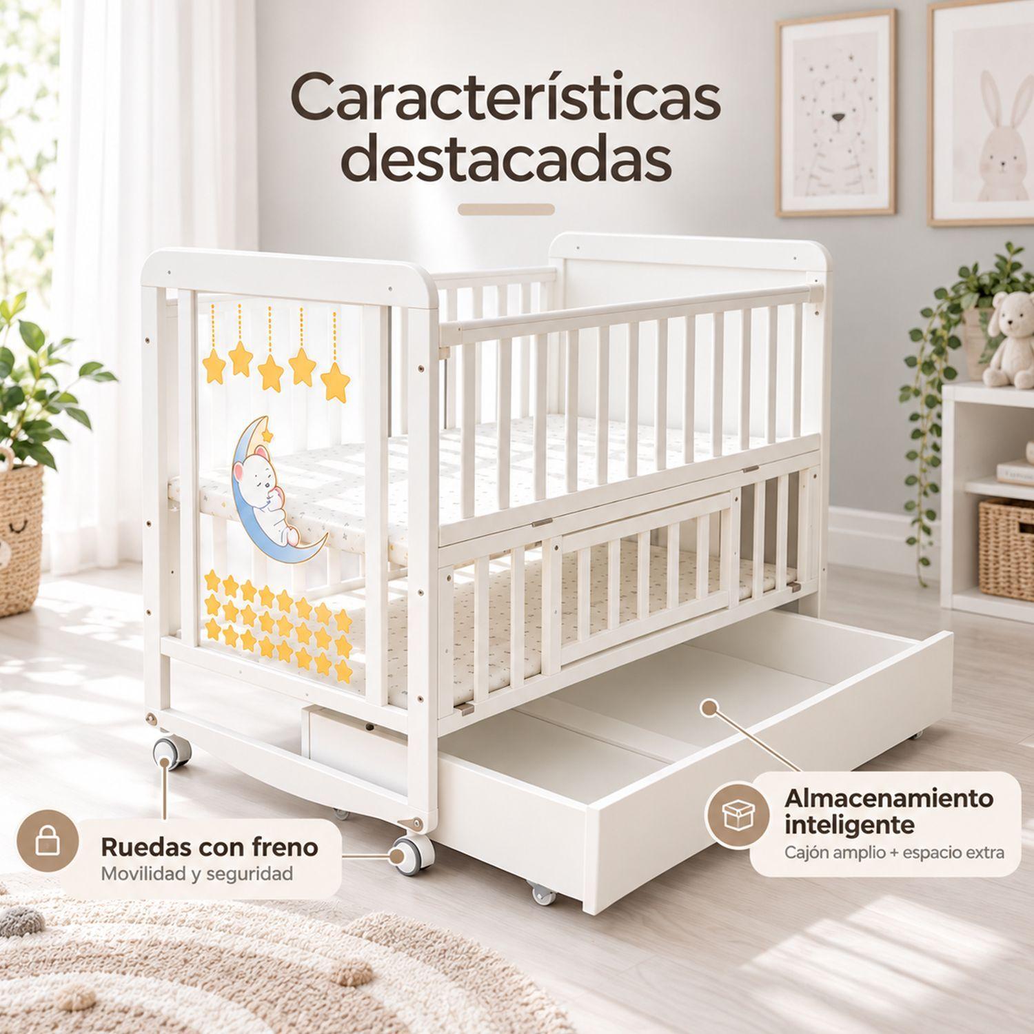 Cuna Multifunción Madera Con Luz Nocturna Mesa Apoyo Y Colchón Kidscool-5