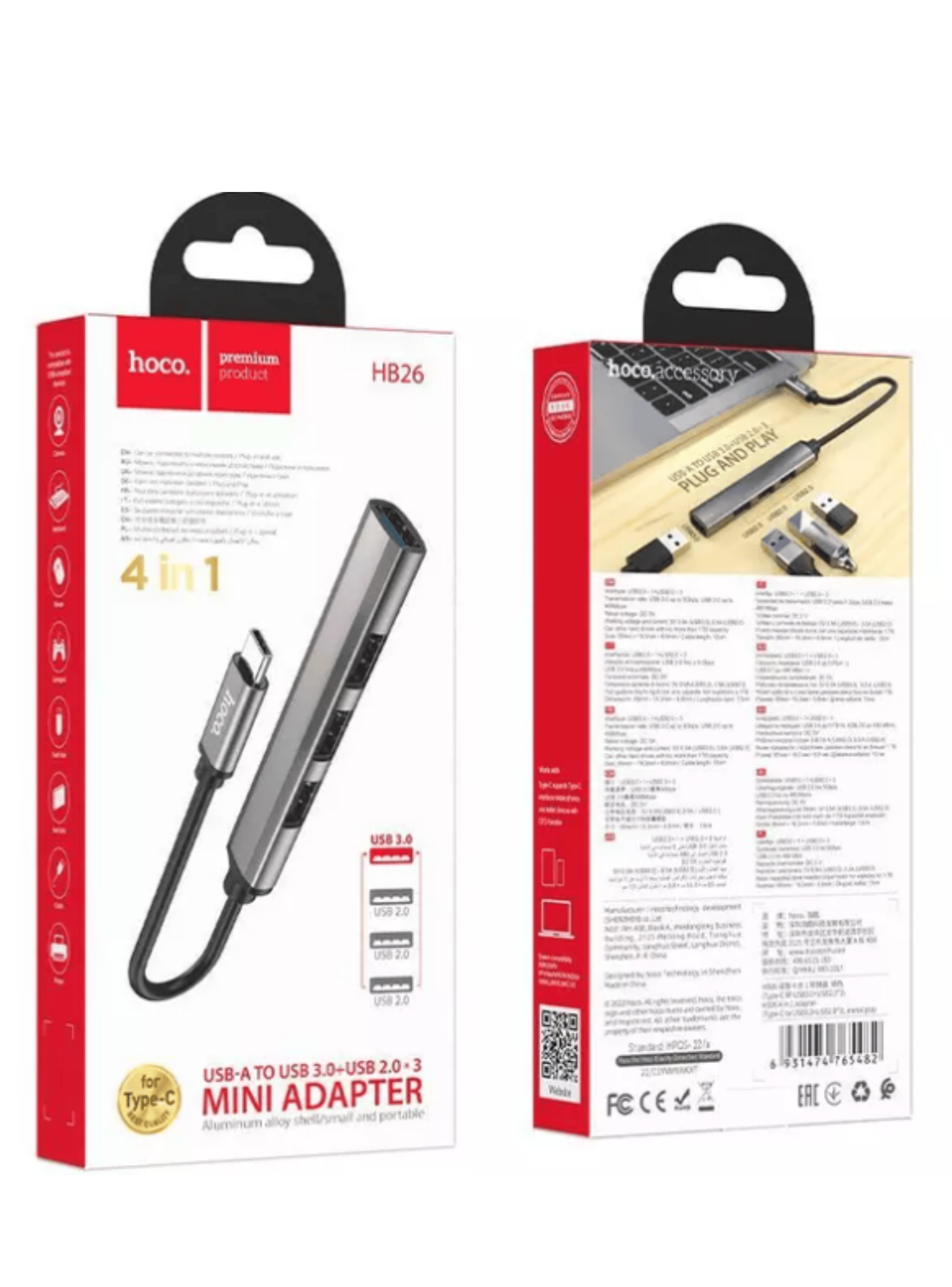 Hub USB C a 4 Puertos USB Hoco HB26 Gris-2