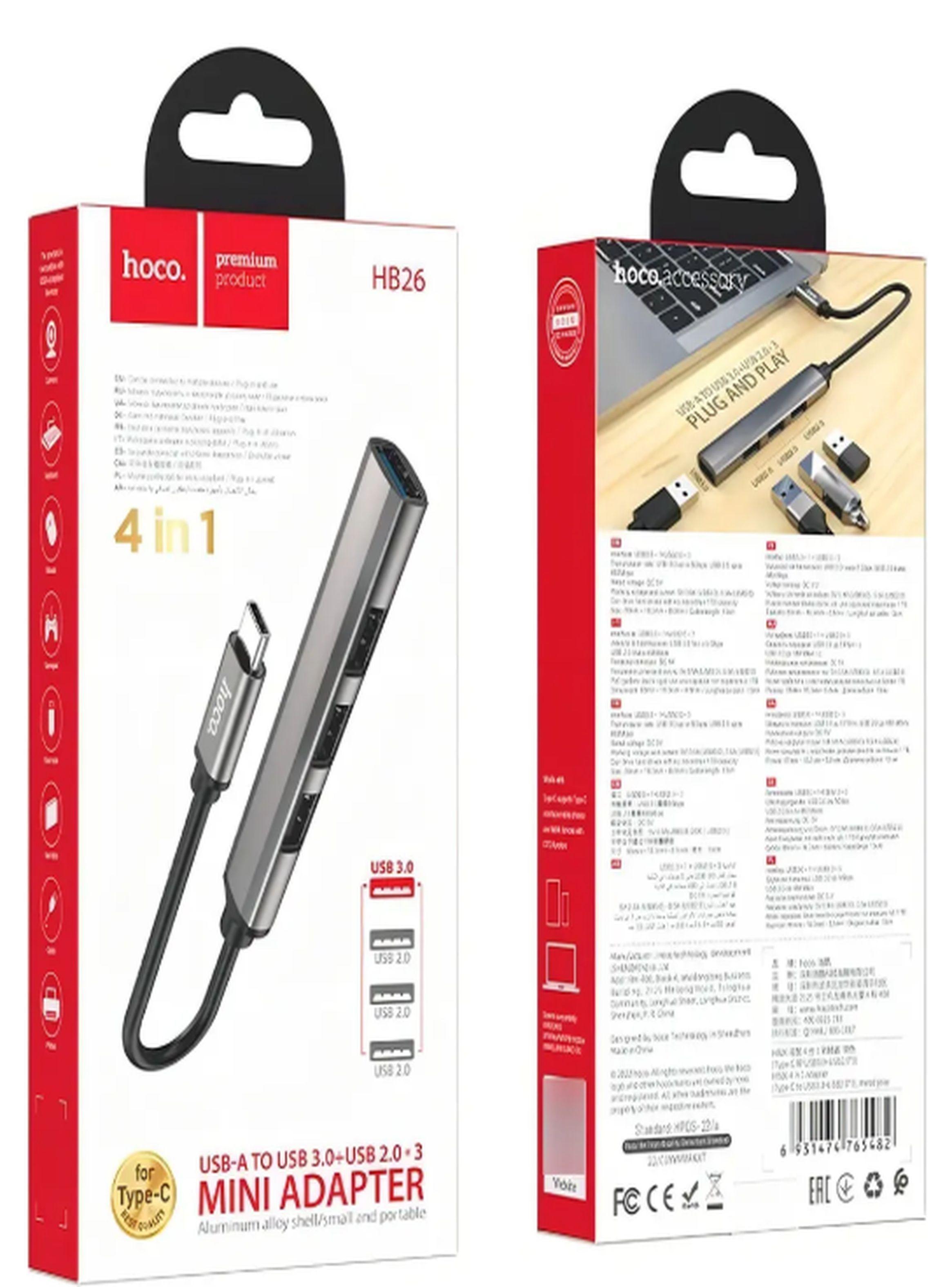 Hub USB a 4 Puertos USB Hoco HB26 Gris Oscuro-2