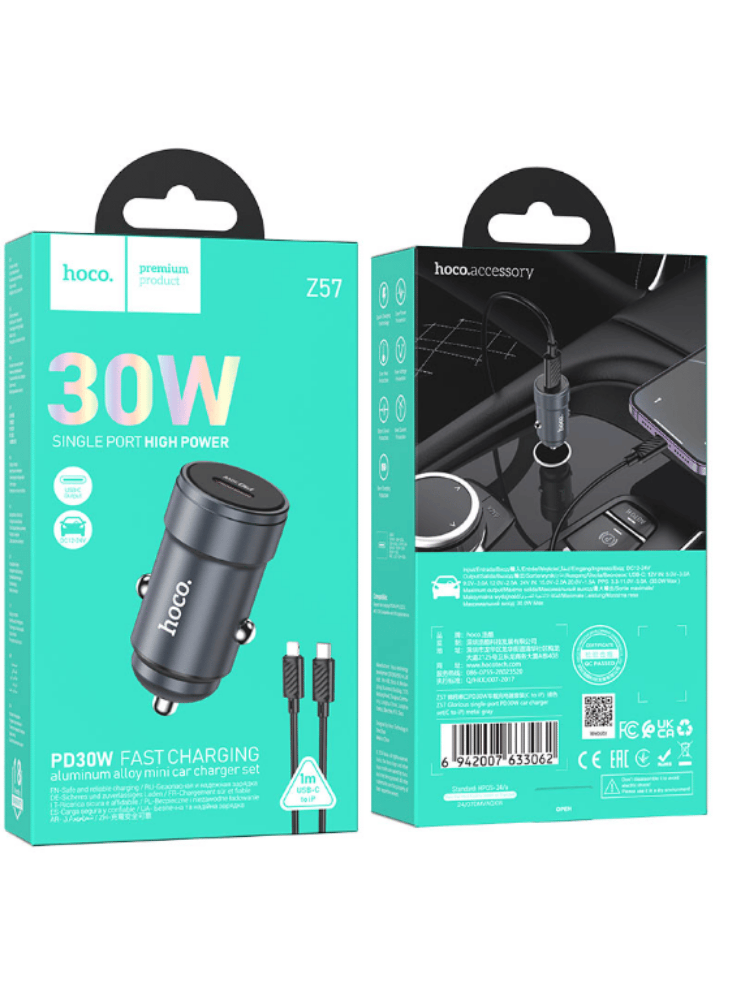 Cargador de Auto PD 30W Cable para Iphone Hoco Z57 Negro-3