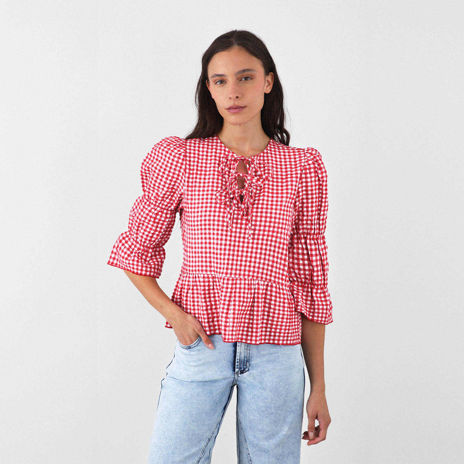 Blusa Vichy Lazos Roja Mujer Raindoor-1