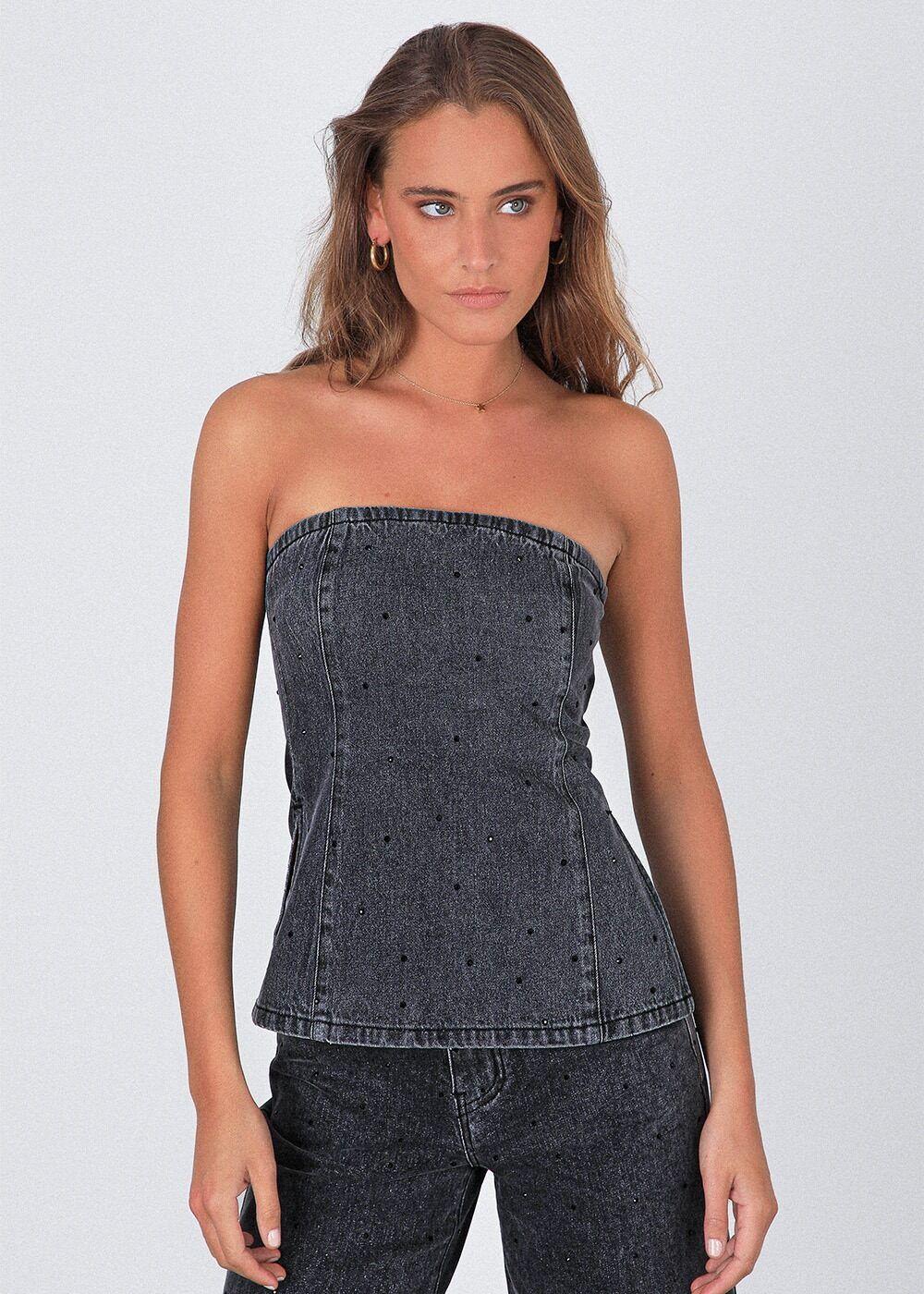 Top strapless strass Negro Mujer Raindoor-2