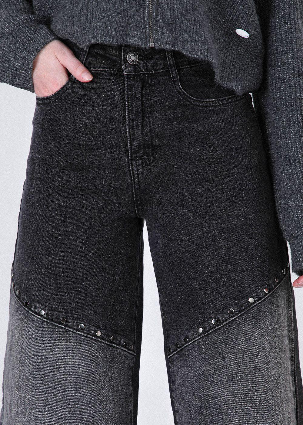 Pantalón Wide Leg Diagonal Tachas Negro Mujer Raindoor-2