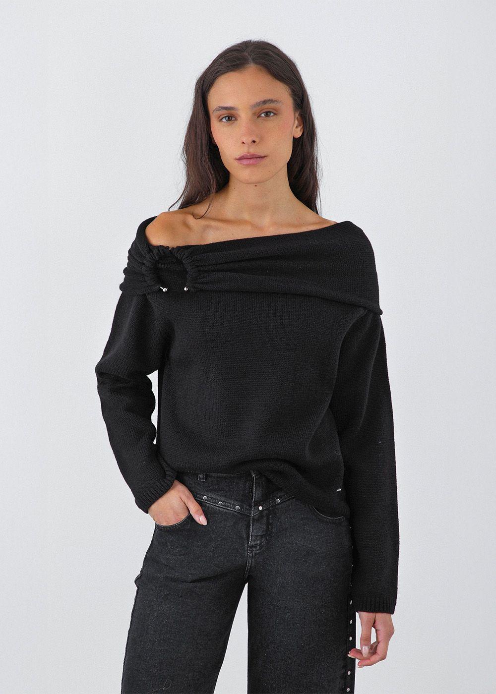Sweater Hombro Drapeado Negro Mujer Raindoor-0