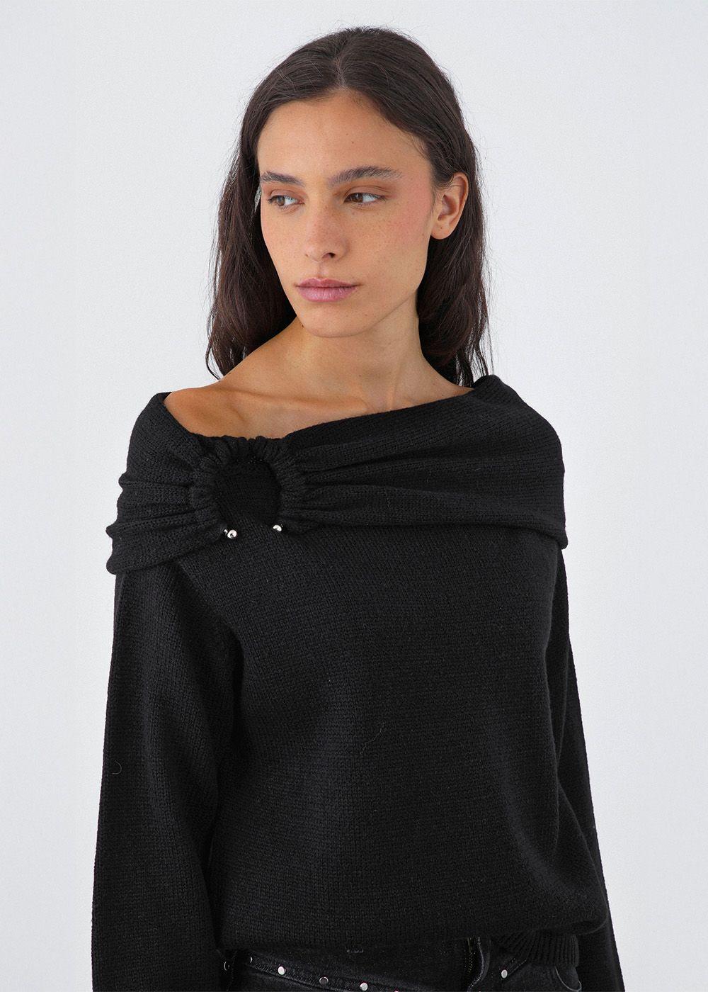 Sweater Hombro Drapeado Negro Mujer Raindoor-1