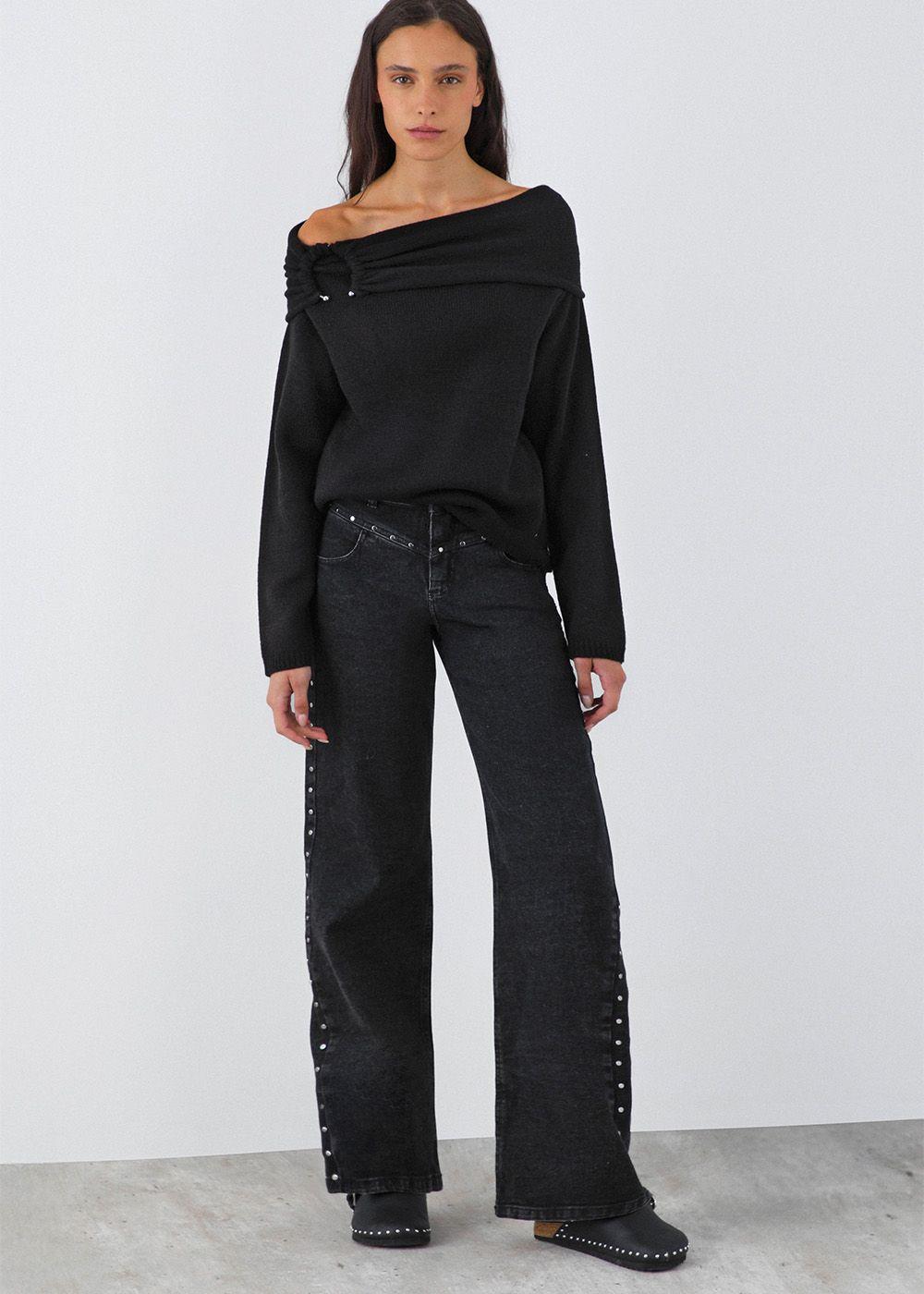 Sweater Hombro Drapeado Negro Mujer Raindoor-2