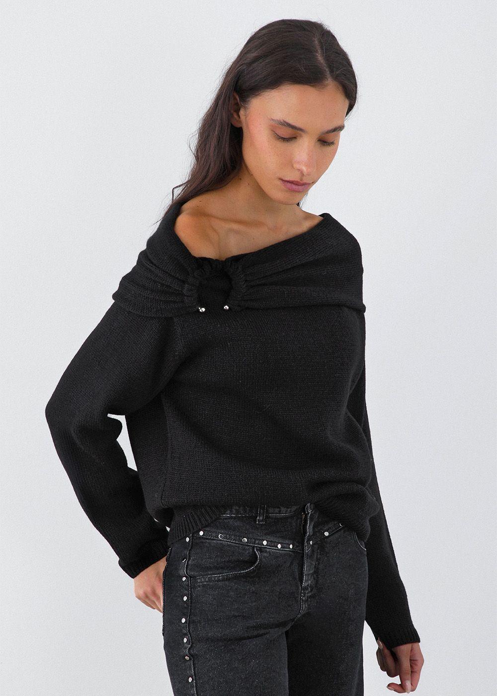Sweater Hombro Drapeado Negro Mujer Raindoor-3