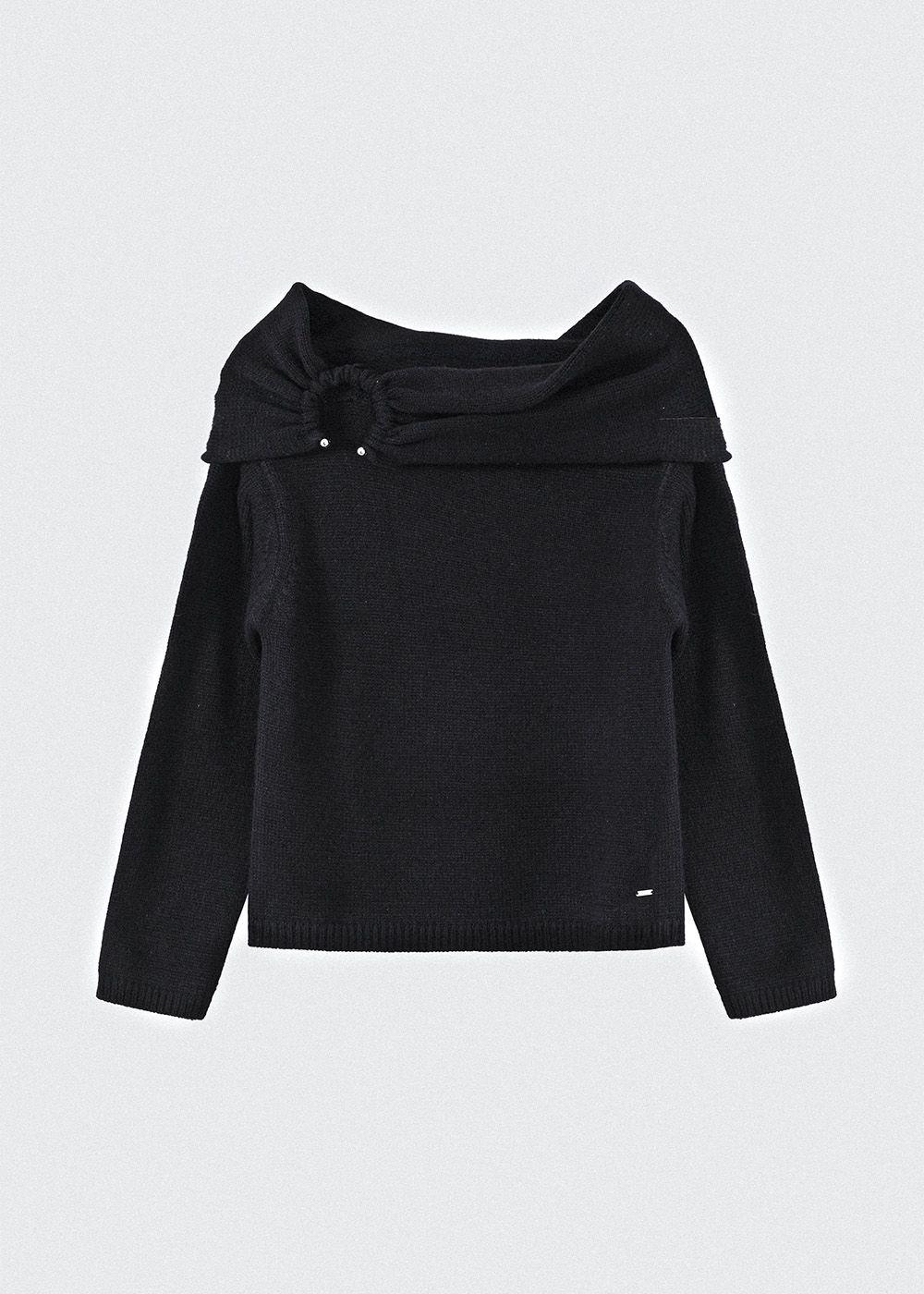 Sweater Hombro Drapeado Negro Mujer Raindoor-5