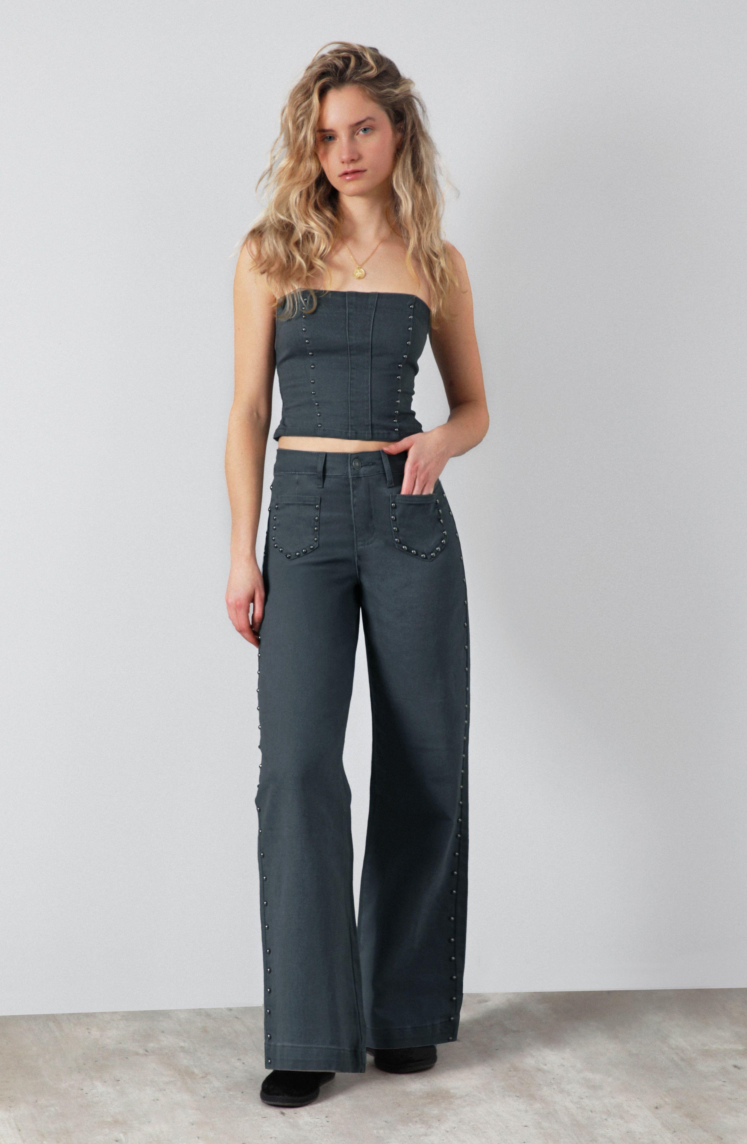 Pantalón Tachas Bolsillos Gris Straight Mujer Raindoor-0