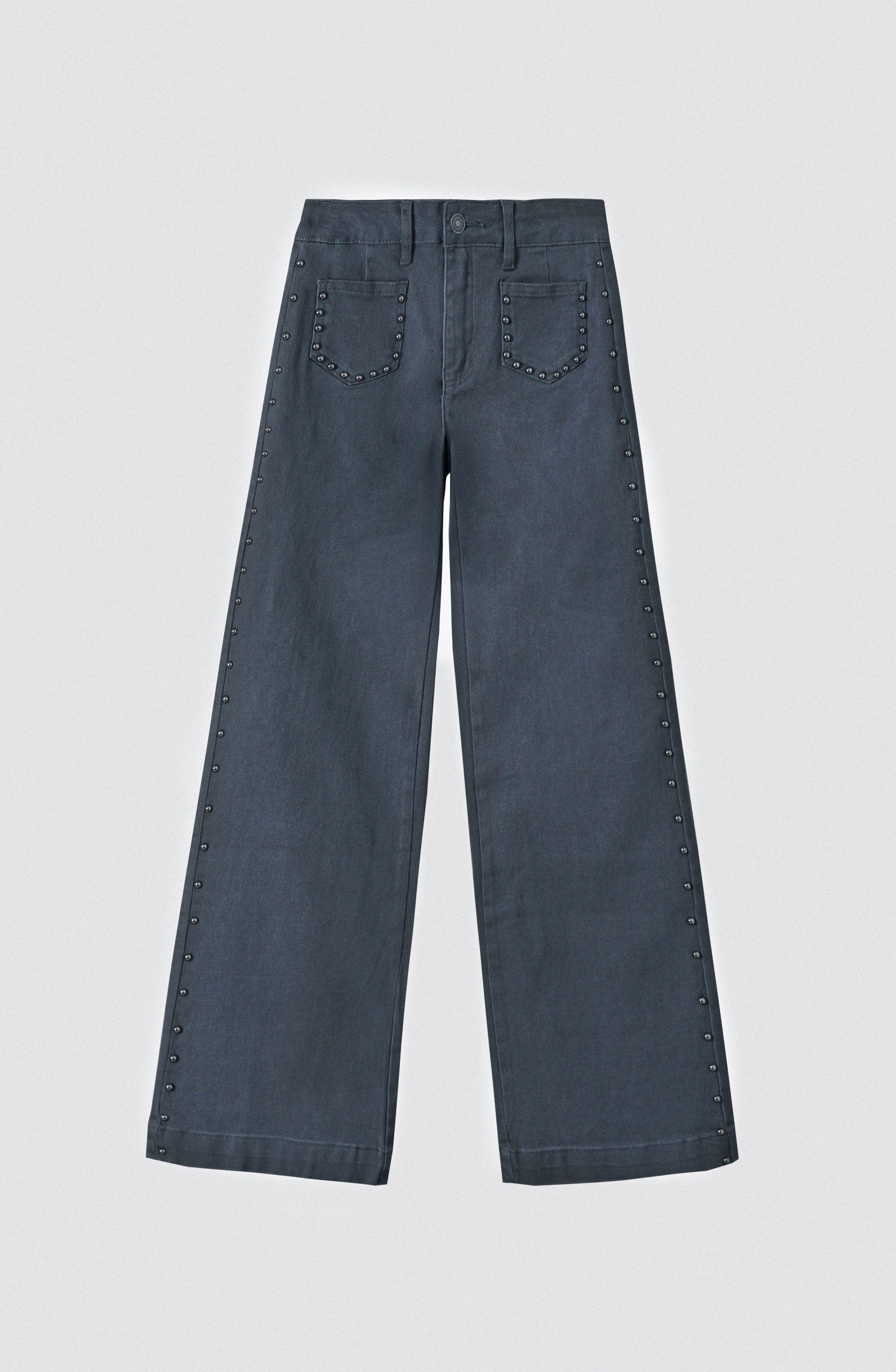 Pantalón Tachas Bolsillos Gris Straight Mujer Raindoor-1