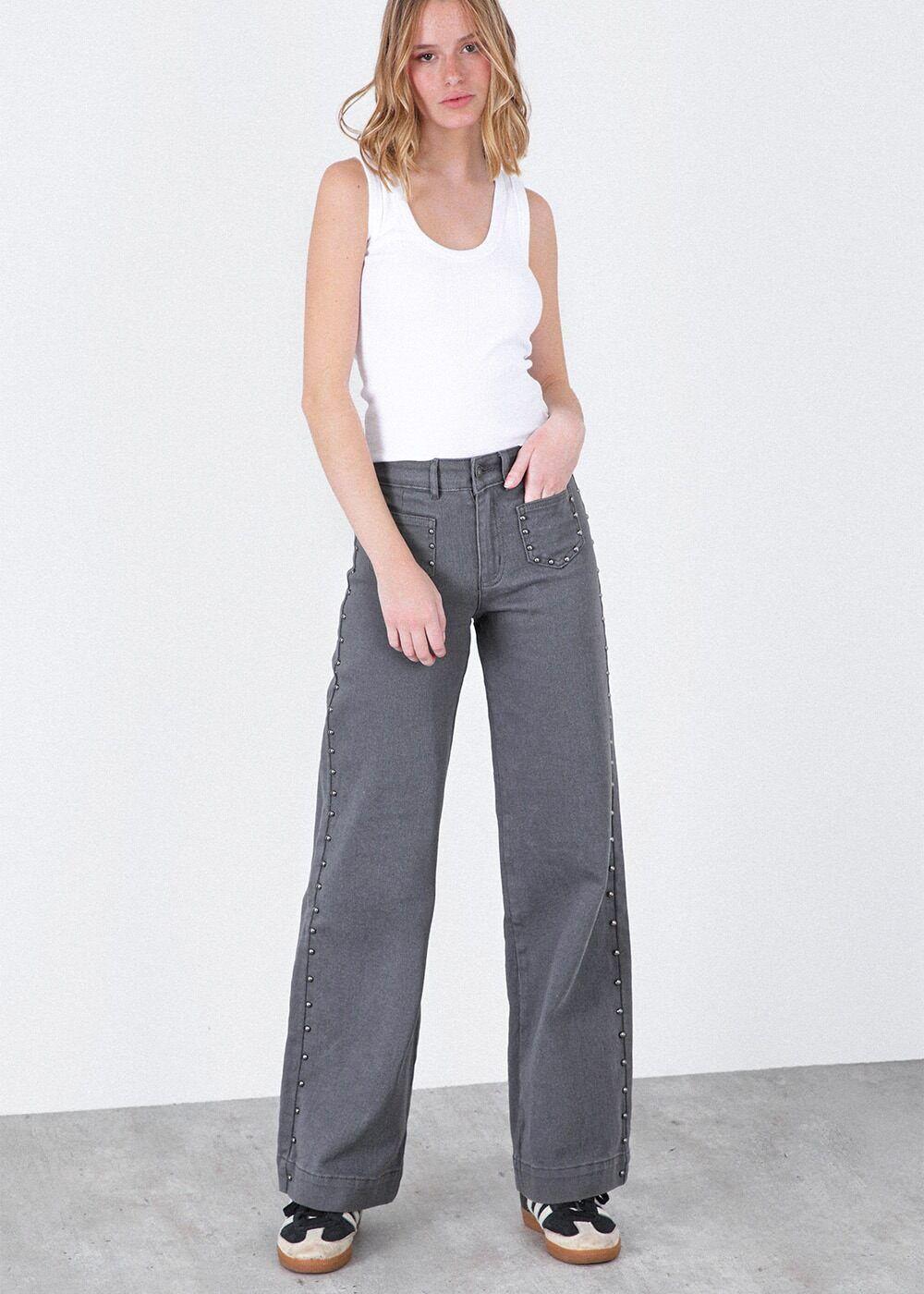 Pantalón Wide Leg Tachas Gris Mujer Raindoor-0