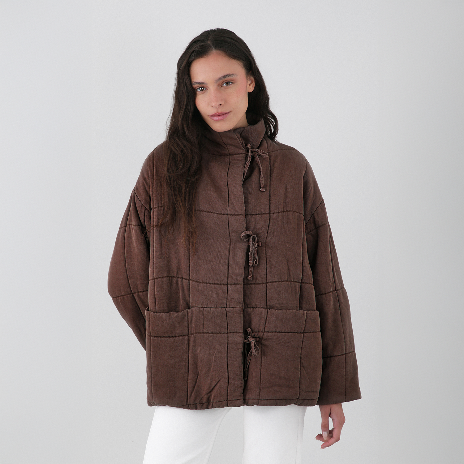 Chaqueta Acolchada Cintas Café Mujer Raindoor-1