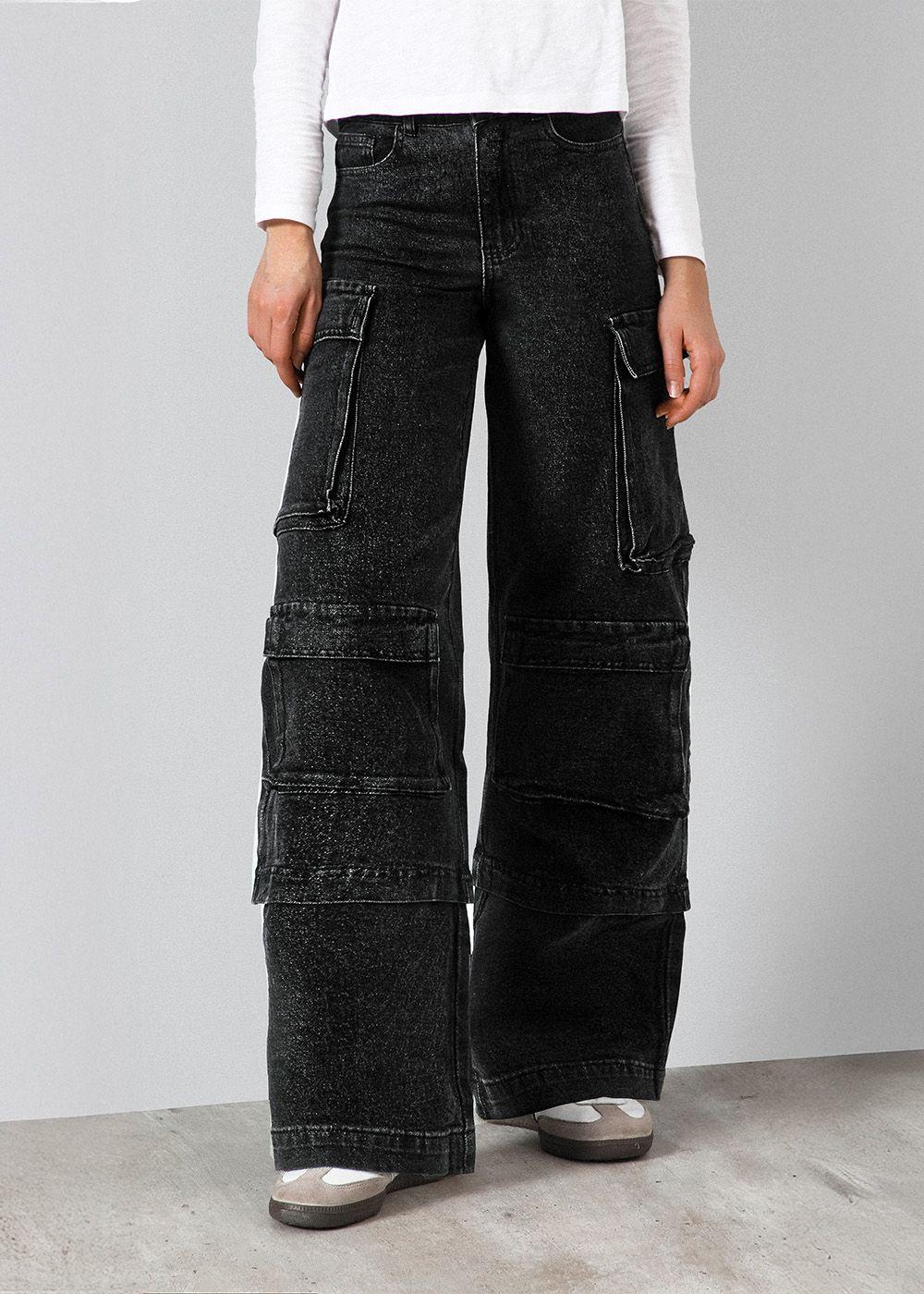 Pantalón Wide Leg Cargo Negro Mujer Raindoor-0