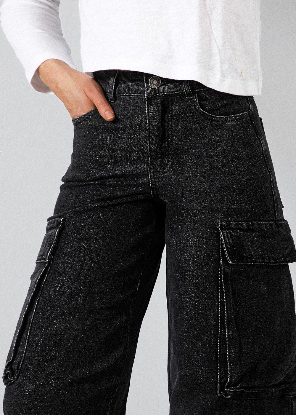 Pantalón Wide Leg Cargo Negro Mujer Raindoor-2