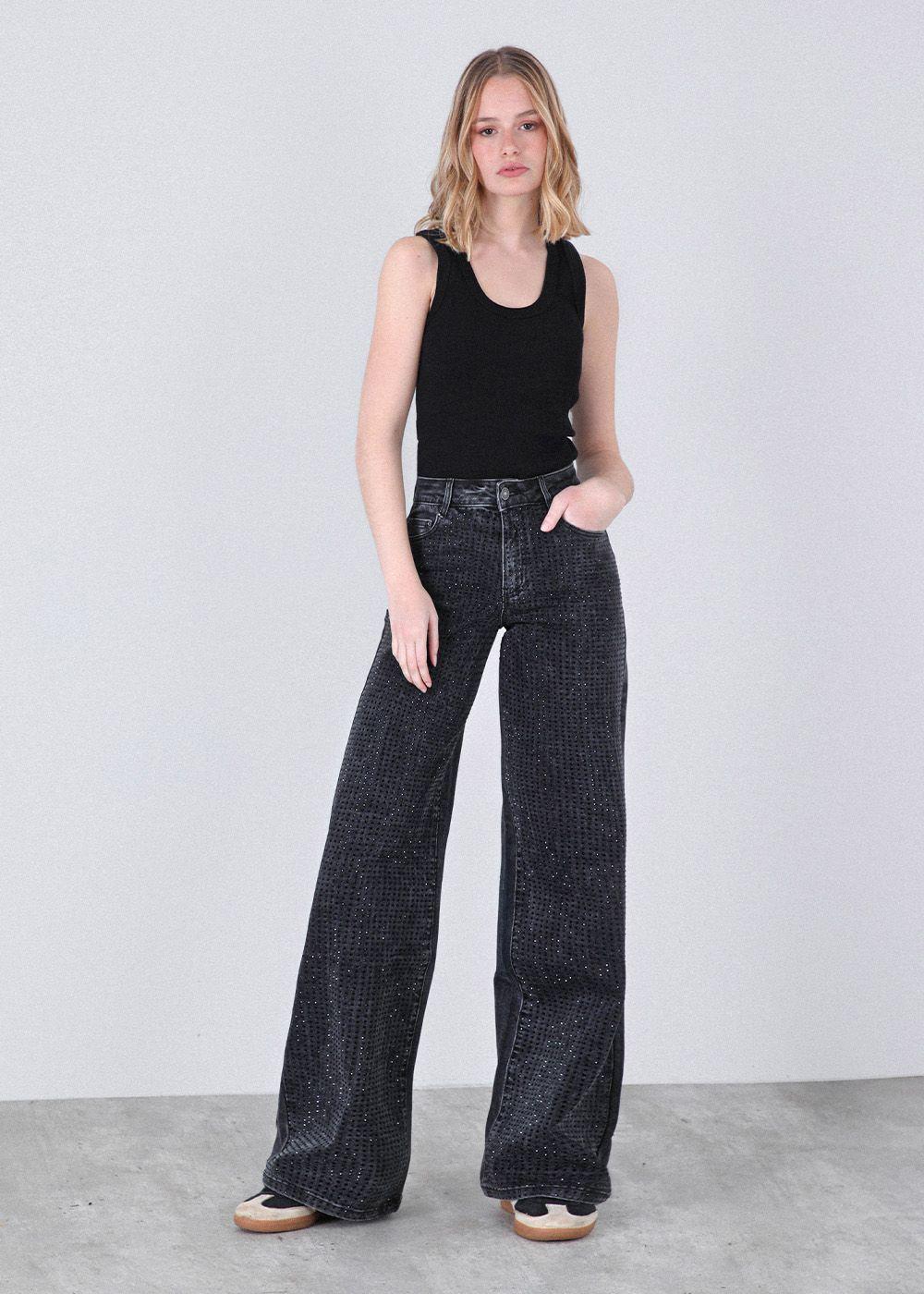 Pantalón Wide Leg Strass Negro Mujer Raindoor-1
