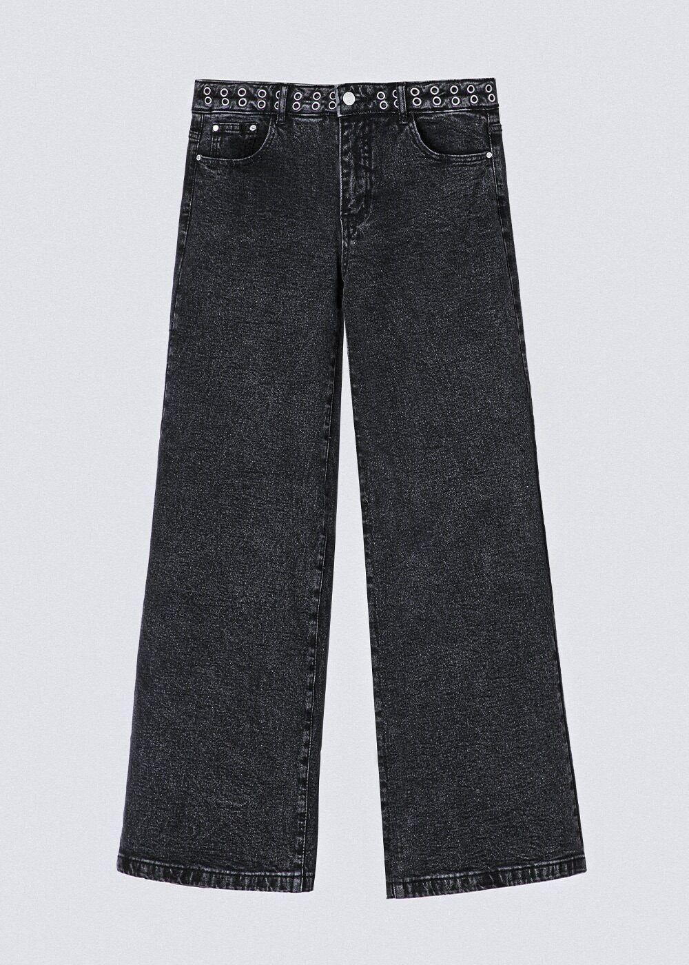 Pantalón wide leg pretina ojal Negro Mujer Raindoor-0