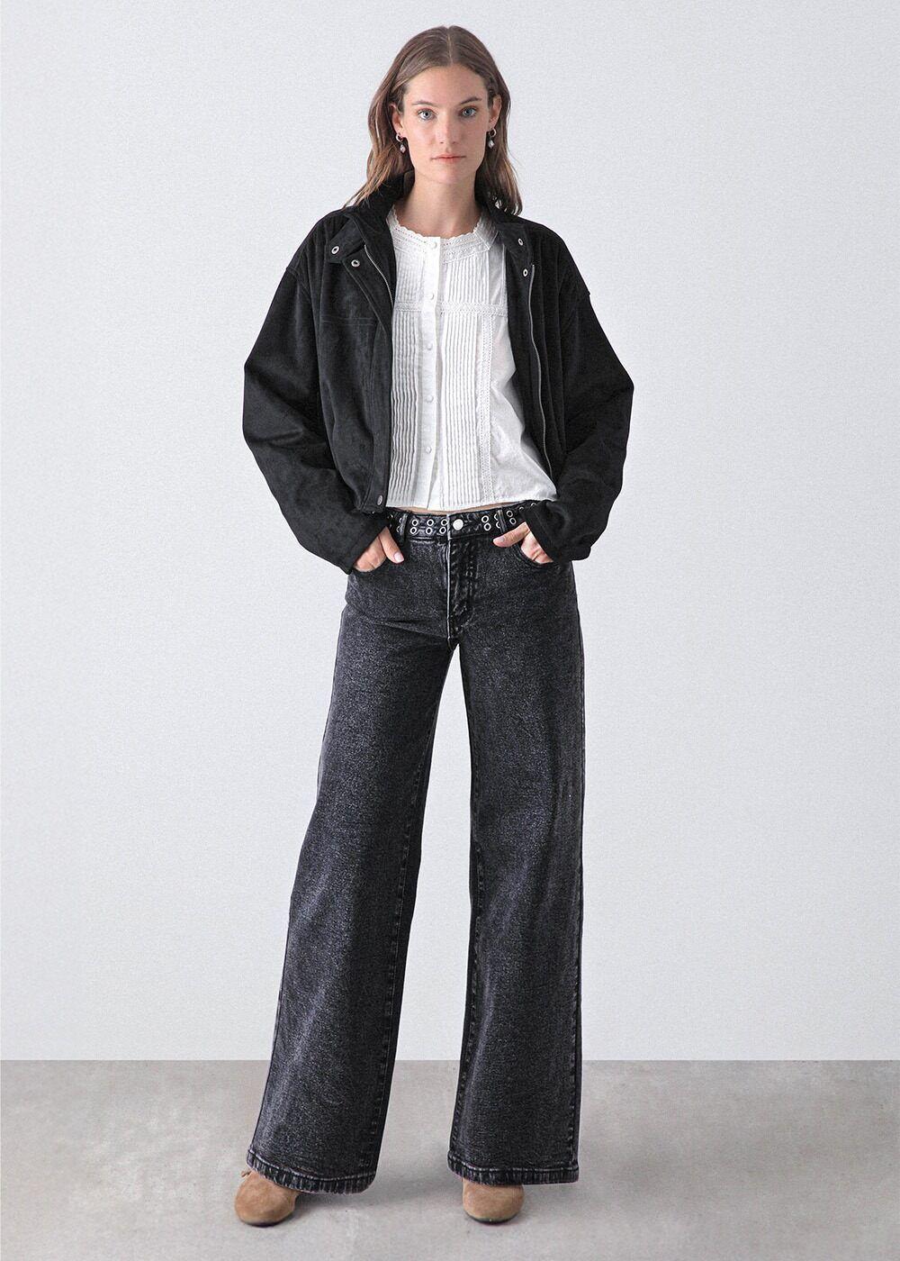 Pantalón wide leg pretina ojal Negro Mujer Raindoor-1