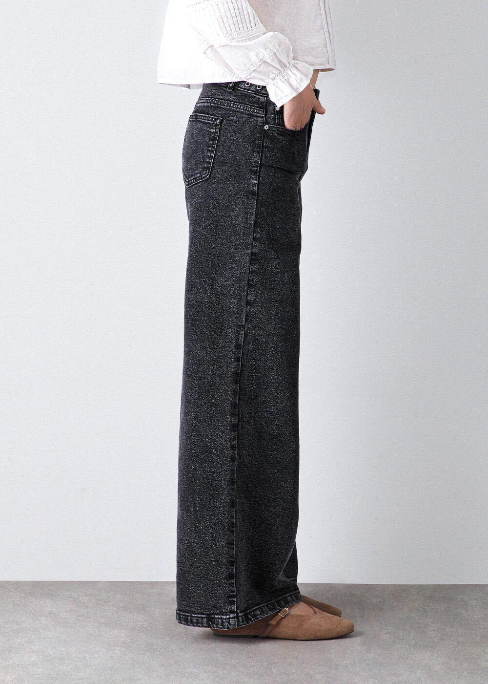 Pantalón wide leg pretina ojal Negro Mujer Raindoor-4