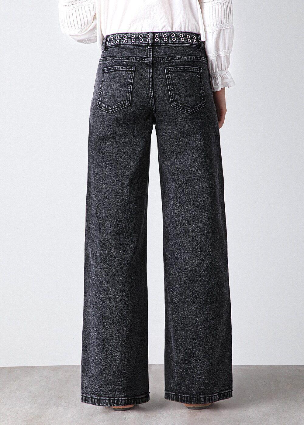 Pantalón wide leg pretina ojal Negro Mujer Raindoor-5