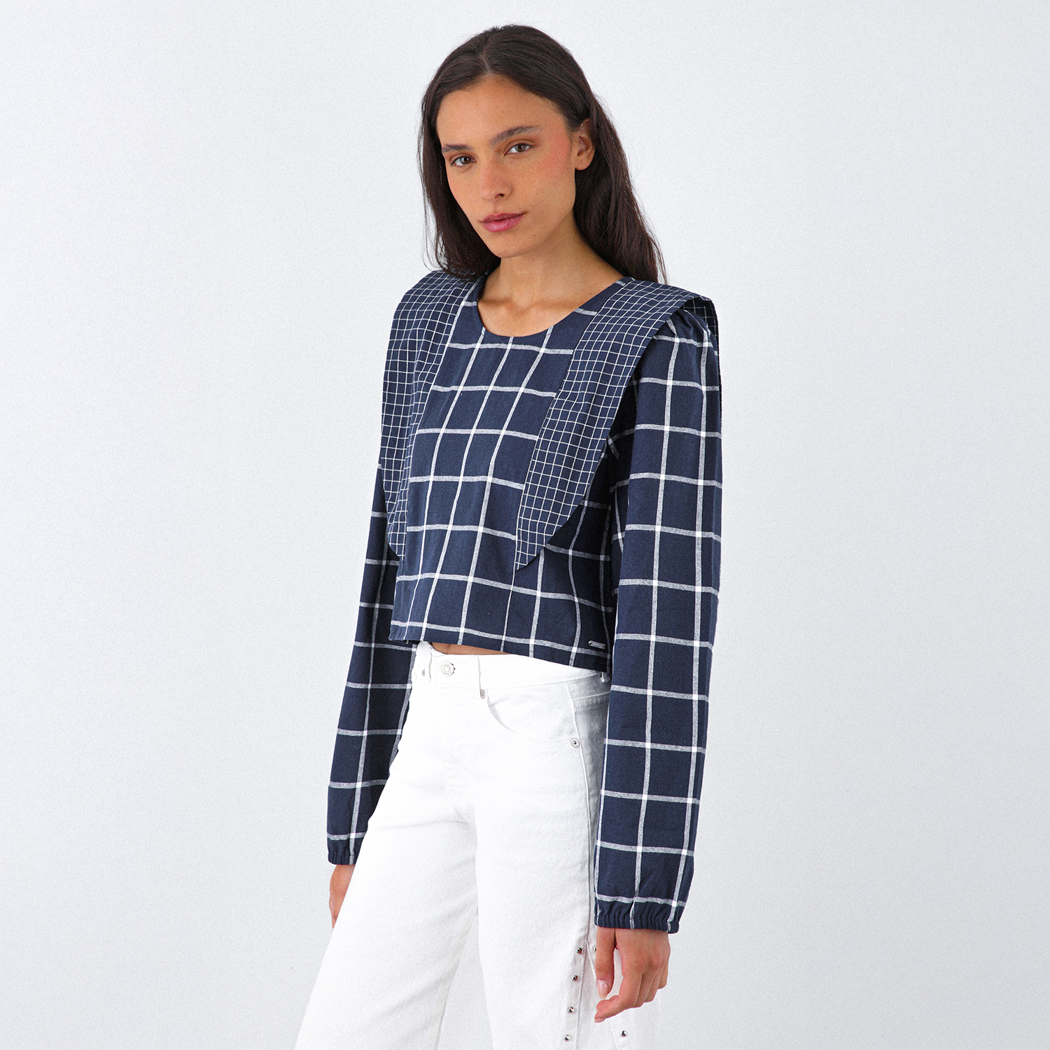 Blusa Cuadros Vuelos Azul Mujer Raindoor-1