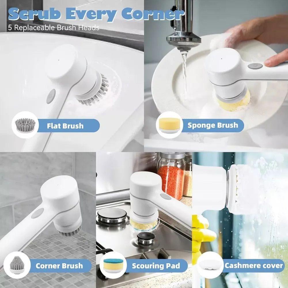 Cepillo De Limpieza El ctrico Giratorio Con 5 Cabezales Blanco-3