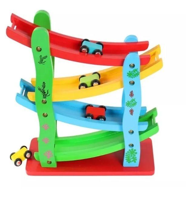 Pista Auto De Madera 4 Niveles + 4 Autitos Juguete De Madera-5