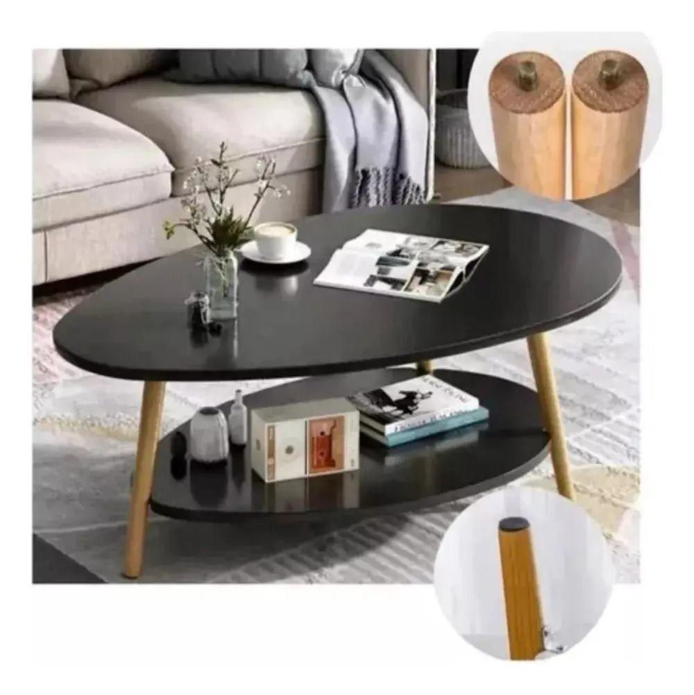 Mesa de Centro Ovalada Negra de 2 Niveles 90cm living-3