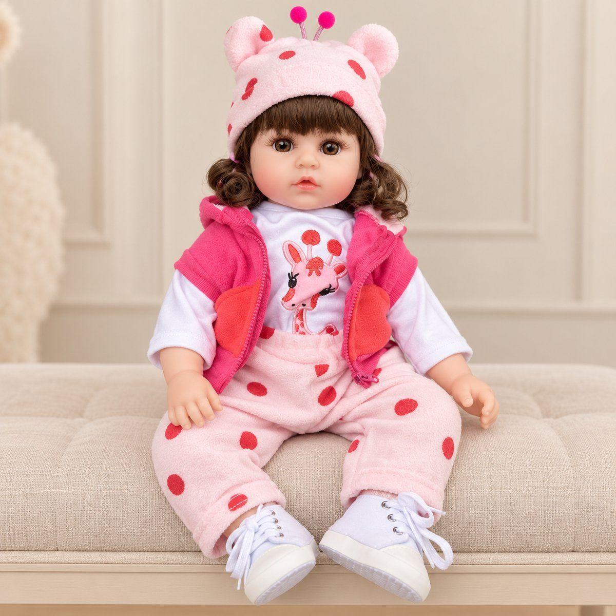 Muñeca Bebe Reborn Niña Jirafa Rosa con Accesorios-2