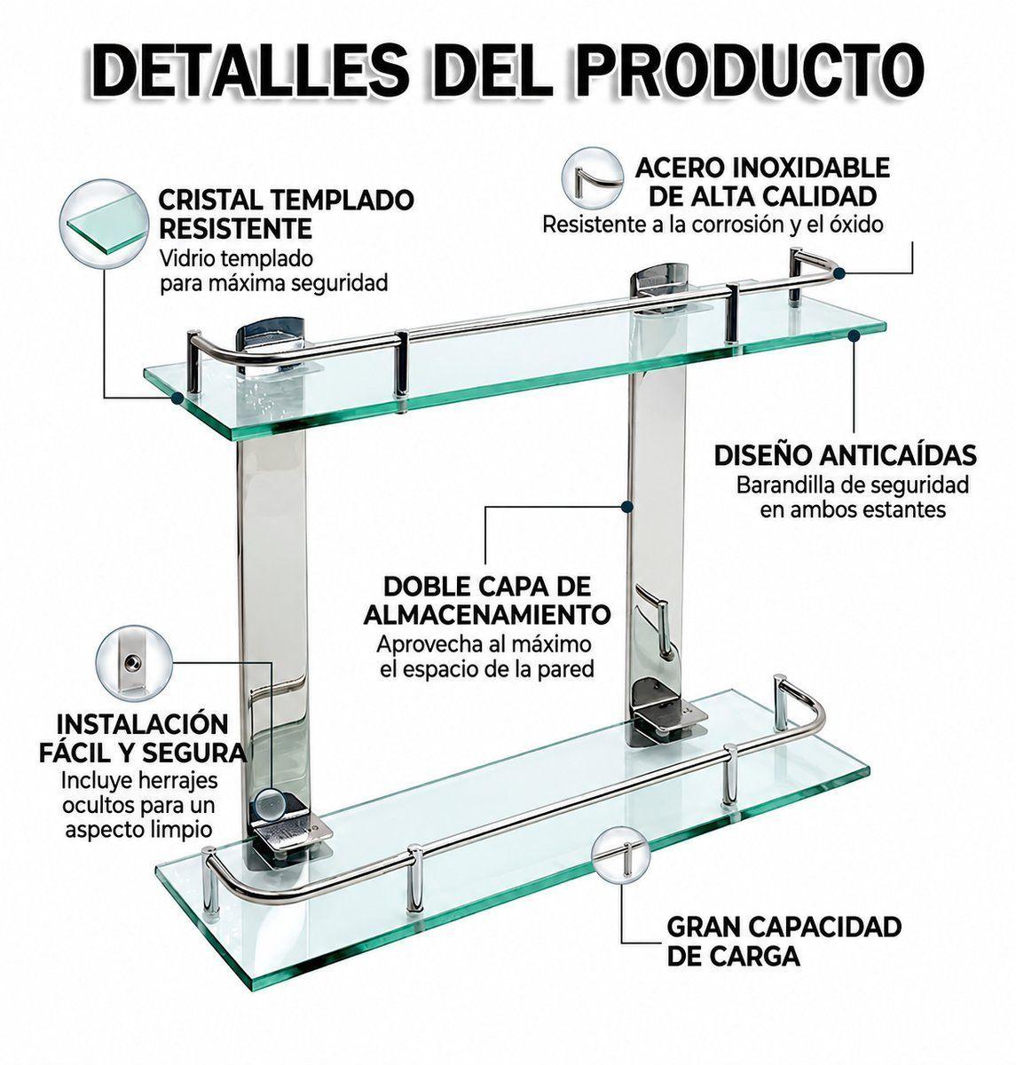Repisa de Baño 2 Niveles Vidrio Transparente con Soportes-2