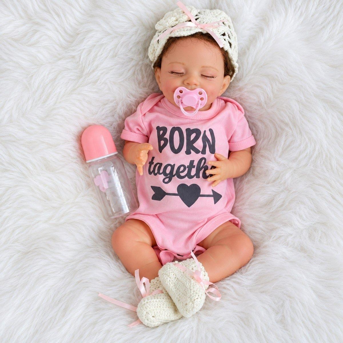 Muñeca Beb Reborn Niña 45cm Ojos Cerrados con Ropa Rosa-3