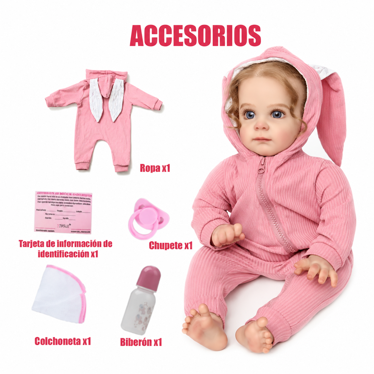 Muñeca Beb Reborn Realista 55cm con Orejas de Conejo y Accesorios-2