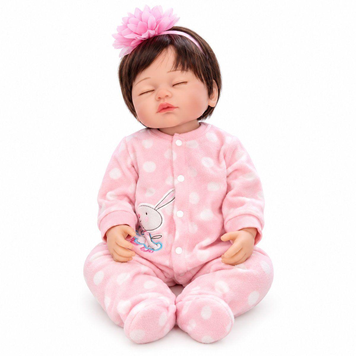 Muñeca Bebe Reborn dormida rosa 55cm Cuerpo Suave con Accesorios-0