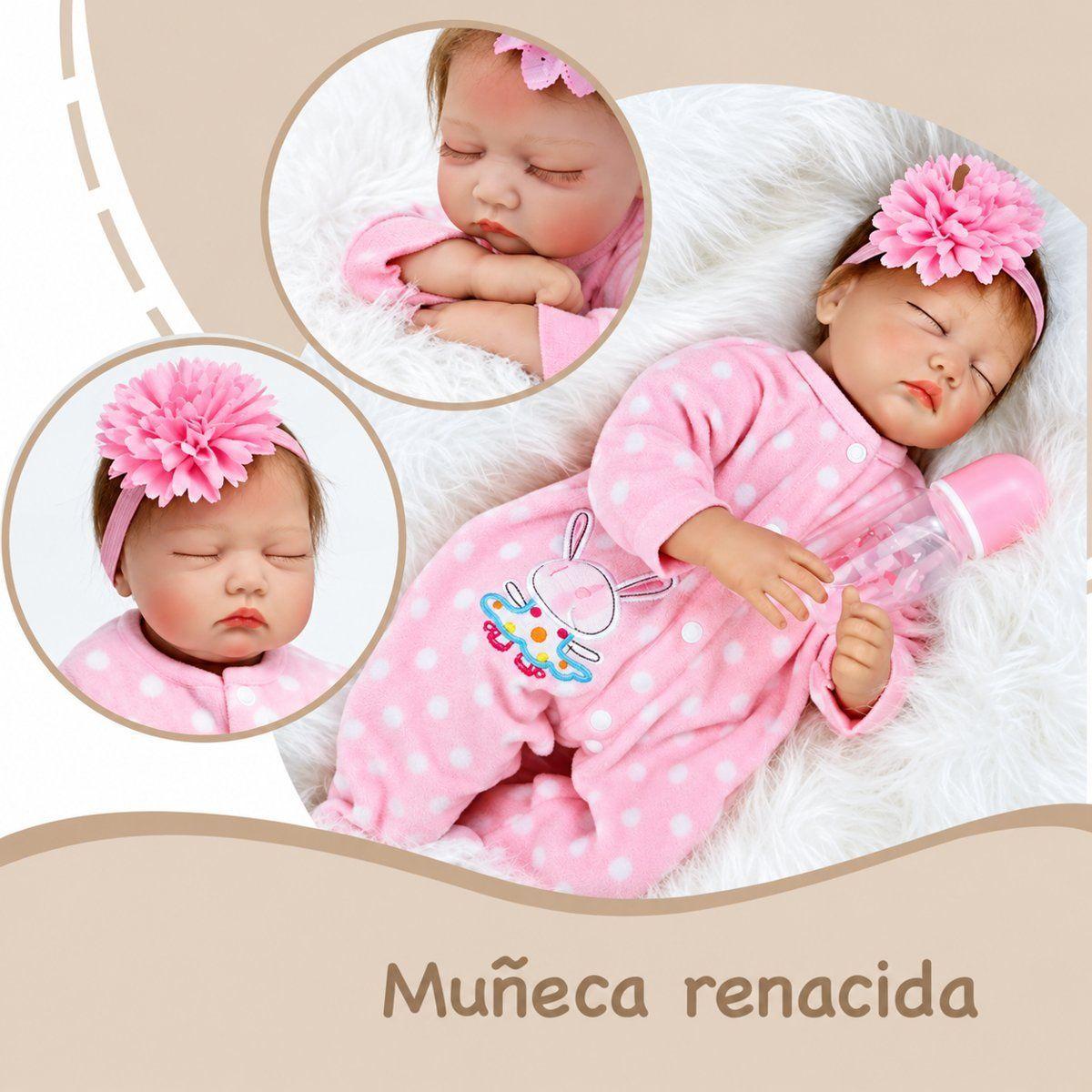 Muñeca Bebe Reborn dormida rosa 55cm Cuerpo Suave con Accesorios-1