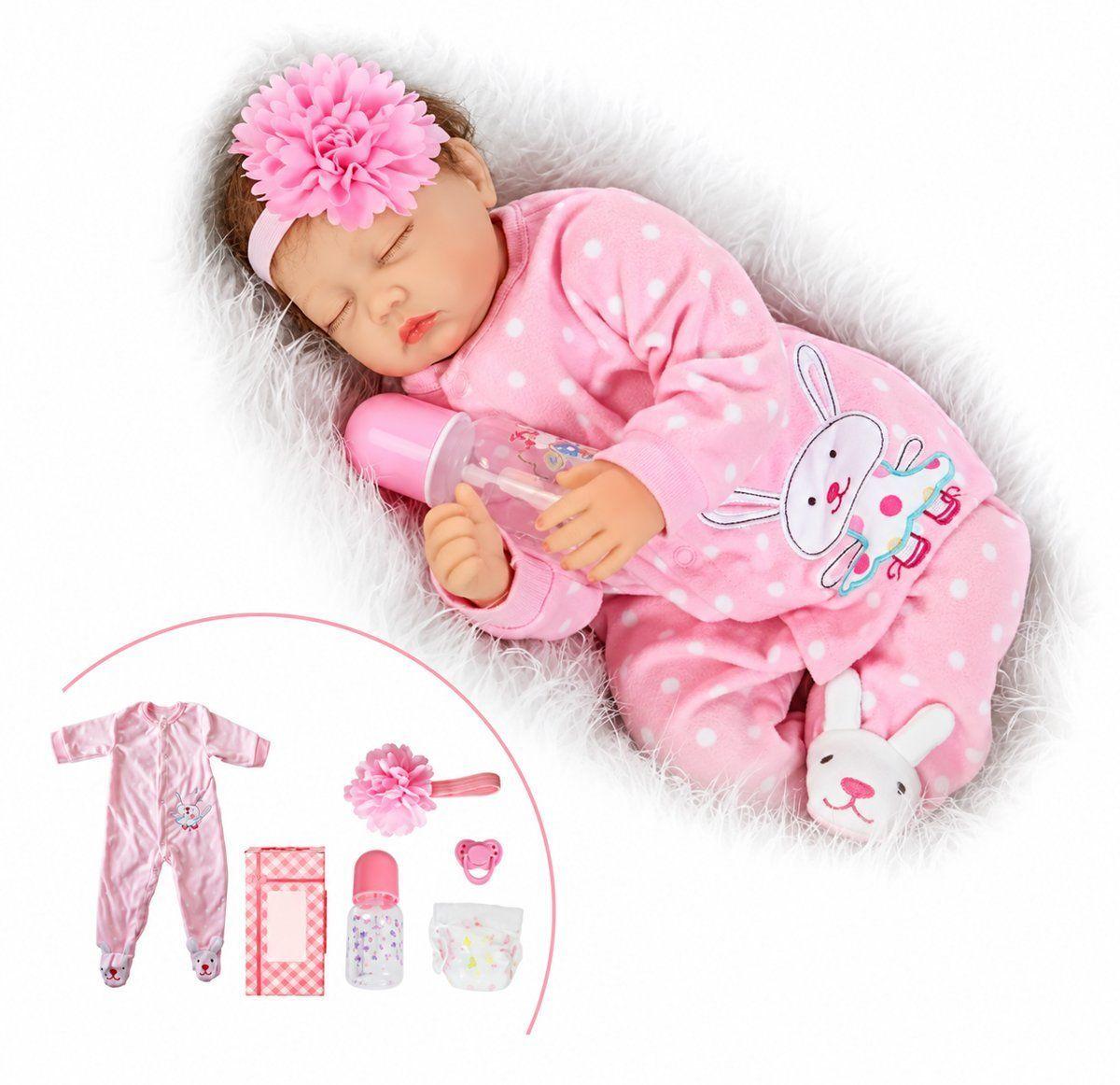Muñeca Bebe Reborn dormida rosa 55cm Cuerpo Suave con Accesorios-2