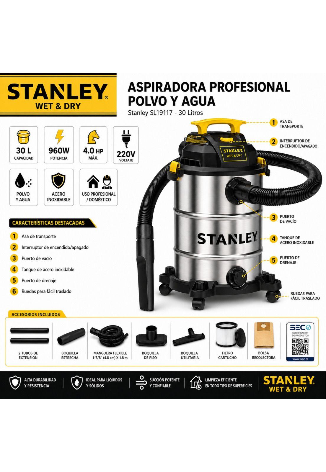 Aspiradora Profesional Stanley 30LT Polvo & Agua SL19117-3