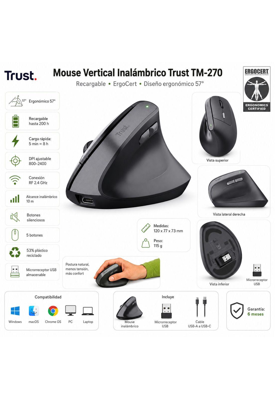 Mouse Vertical  Inalámbrico Trust TM-270 Recargable ErgoCert-7