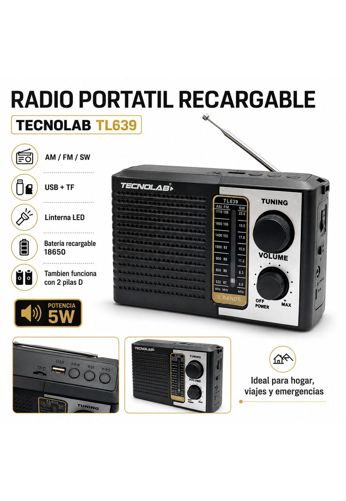 Radio Portátil AM/ FM/ SW Recargable +Pilas + Luz LED 5W RMS-4