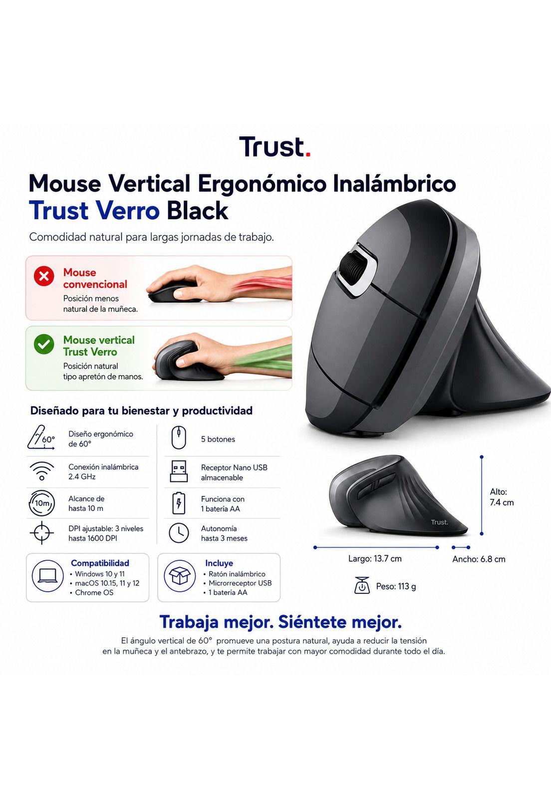Mouse Vertical Inalámbrico Ergonómico Trust Verro Black 2G-5