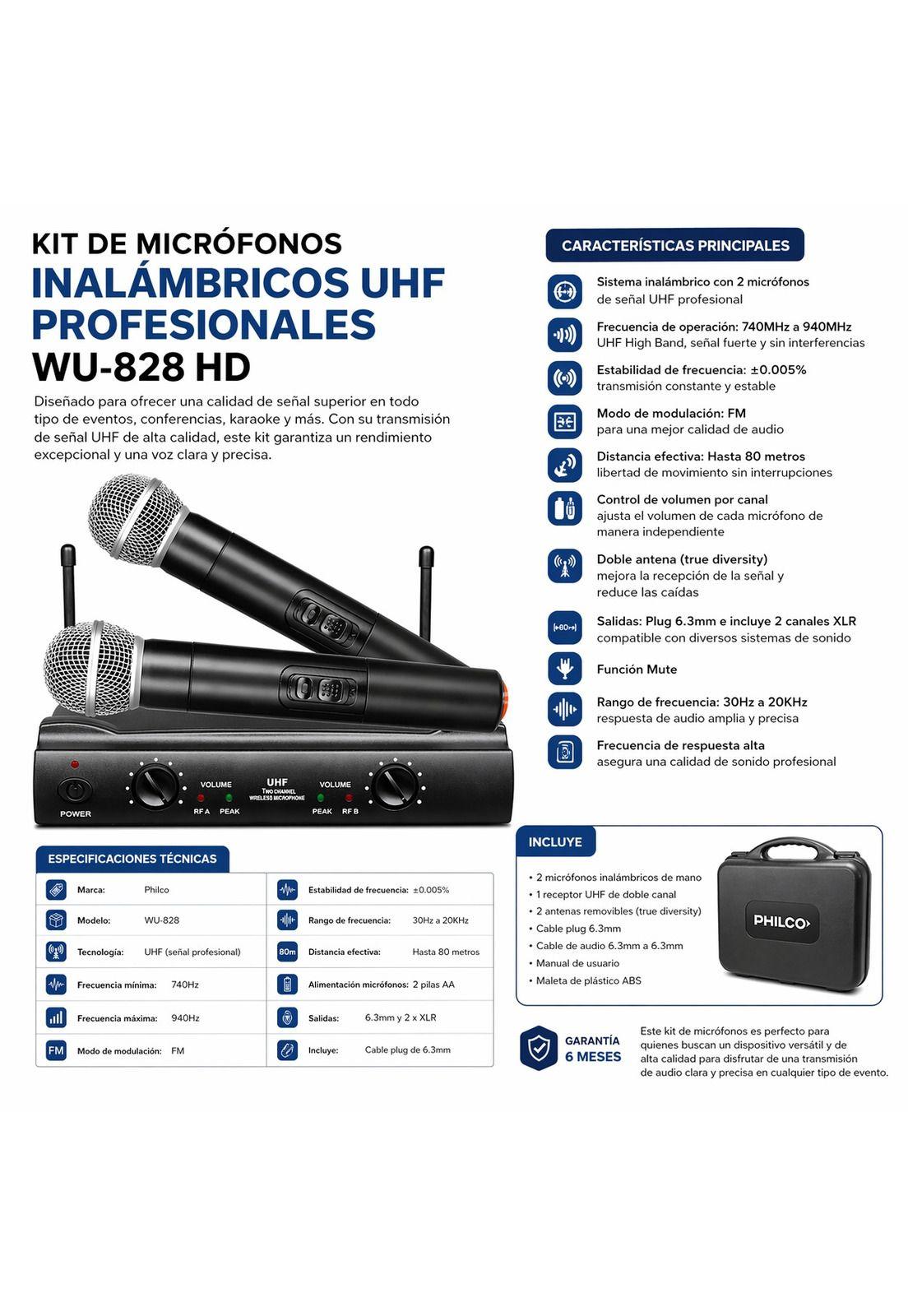 Kit de Micrófonos Inalámbricos UHF Profesionales WU-828 HD-4