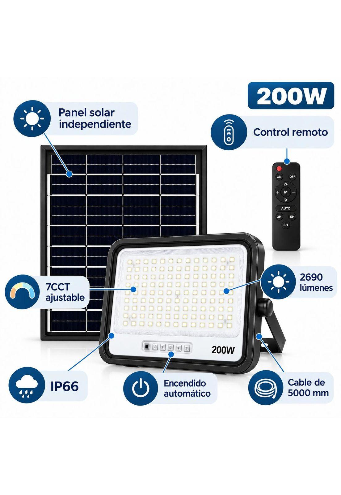 Proyector LED 200W con Panel Solar Independiente + Cable 5MT-5