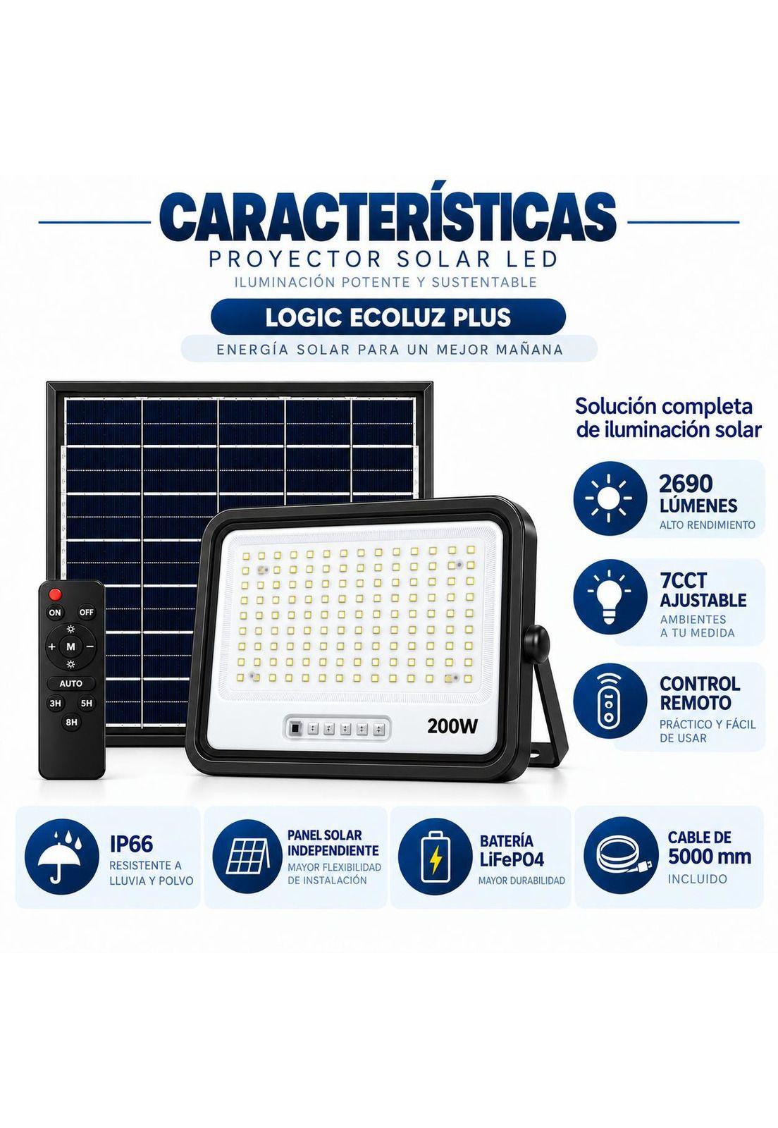 Proyector LED 200W con Panel Solar Independiente + Cable 5MT-6