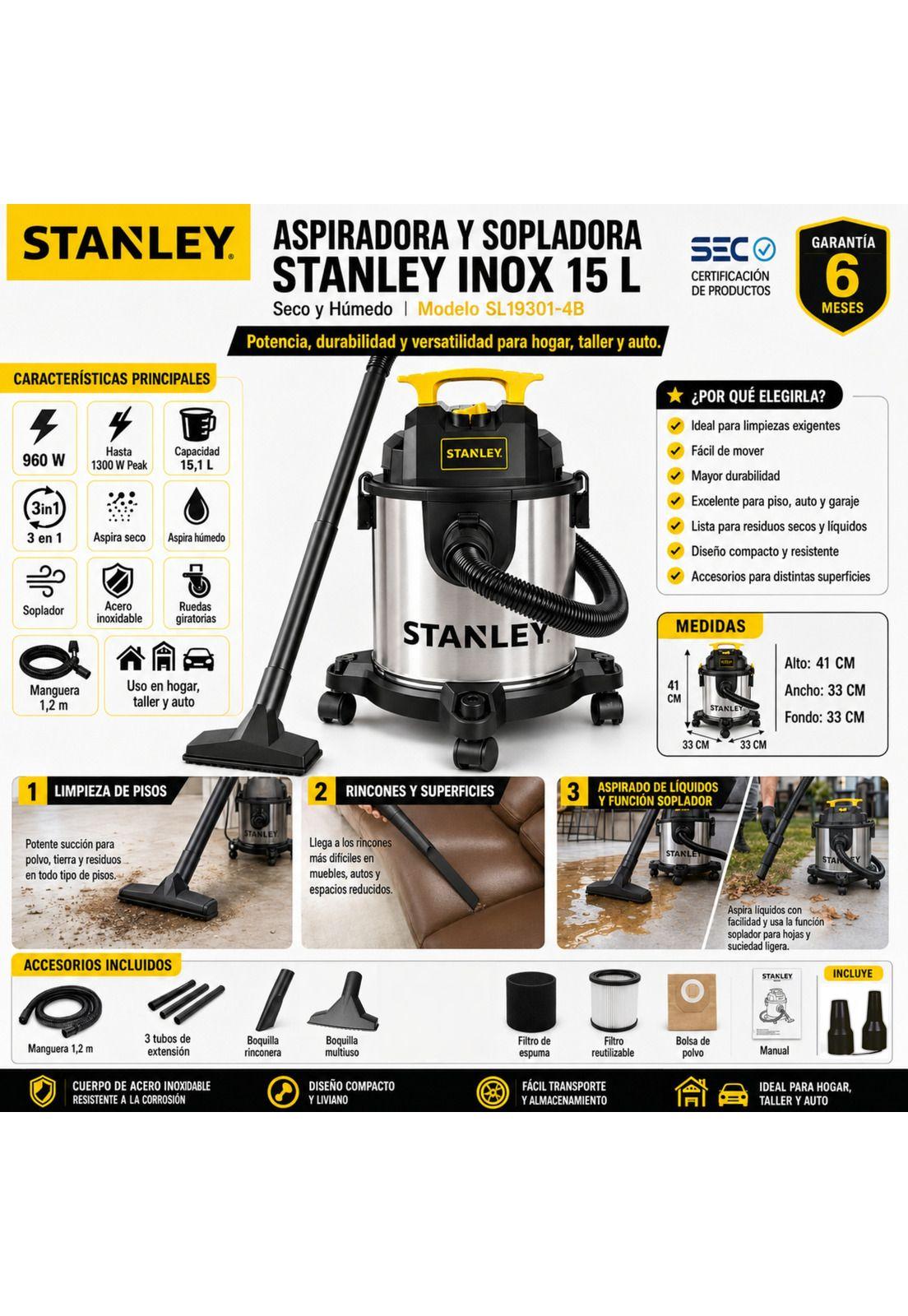 Aspiradora y Sopladora Inox 15LT Aspira en Seco y Húmedo-4