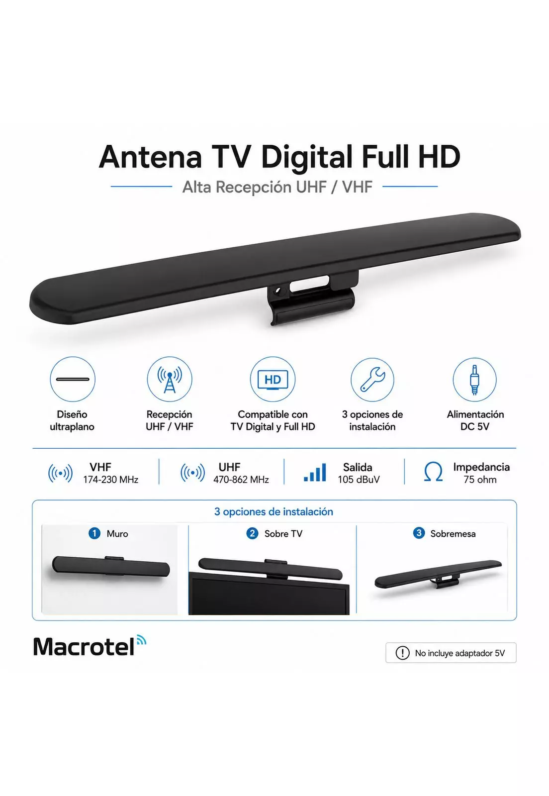 Antena TV Digital Flat Full HD de Alta Recepción  UHF /VHF-4