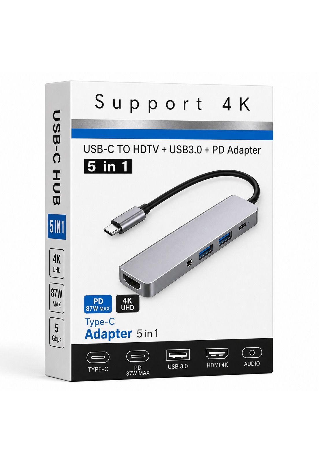 Adaptador Hub Usb-C Multipuertos 5 En 1 (Hdmi, Jack, Usb, Usb C)-0